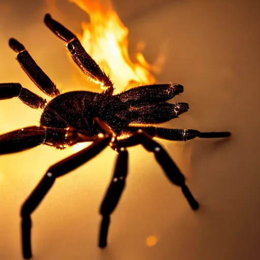 Image similar to cinematic headshot portrait of a spider flies in the fire, movie still, more details, dramatic lightning,