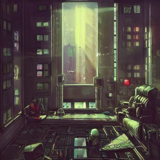 Image similar to cyberpunk living room interior, windows, light rays, buildings, dystoptian, gorgeous view, depth, painted by Seb McKinnon, clouds, tending on artstation