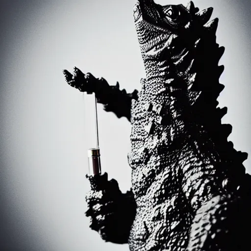 Image similar to godzilla smoking a bong, 5 5 mm