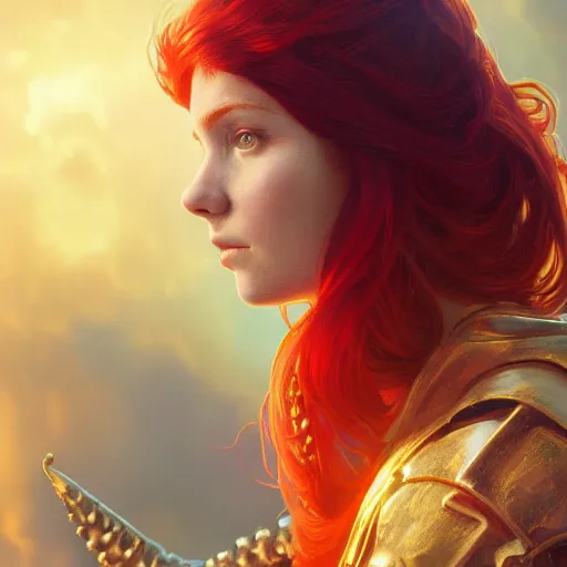 Prompt: highly detailed portrait of a red-haired young woman wearing a futuristic blue tunic, floating in a field of glowing golden tentacles, octane render, trending on artstation, by Artgerm,Greg Rutkowski,Alphonse Mucha, 4k resolution