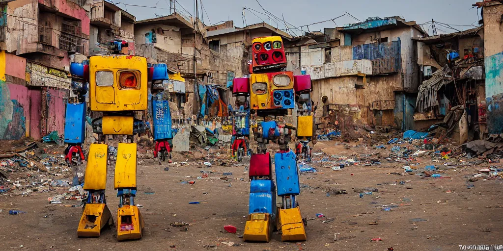 Image similar to colourful - damaged - giant mecha ROBOT of AJEGUNLE SLUMS of Lagos, markings on robot, Golden Hour,