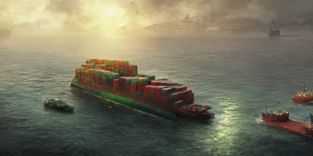 Image similar to rescue ship with algae farms, fresh produce, 5 cargo containers, digital art, 8 k resolution, unreal engine, highly detailed, very detailed eyes, photorealistic by wlop, greg rutkowski, rim light, exquisite lighting, clear focus, very coherent,