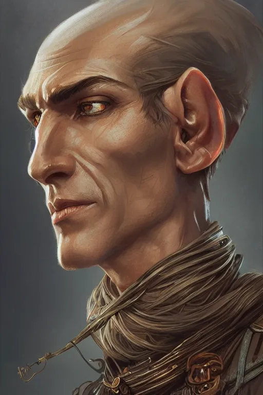 Image similar to up close portrait of a male wood elf, d & d, face, fantasy, intricate, elegant, highly detailed, digital painting, artstation, concept art, smooth, sharp focus, illustration, art by artgerm and greg rutkowski and alphonse mucha