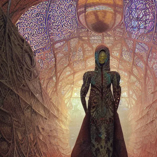 Image similar to portrait of tall, long-necked lipless mutant woman covered with elaborately patterned brown and white scales wearing gauze toga and standing in cyberpunk art deco mosque by Beksinski, Bruegel, Greg Rutkowski, Alphonse Mucha, and Yoshitaka Amano