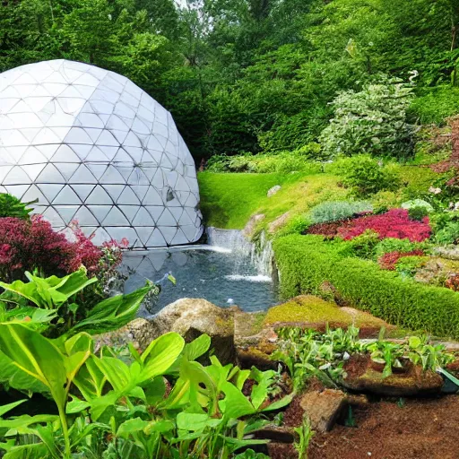 Image similar to geodesic dome with gardens and waterfall