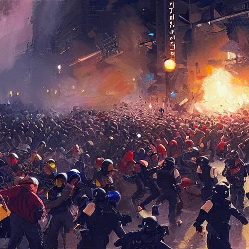 Image similar to protesters clashing with police, detailed digital illustration by greg rutkowski, android netrunner