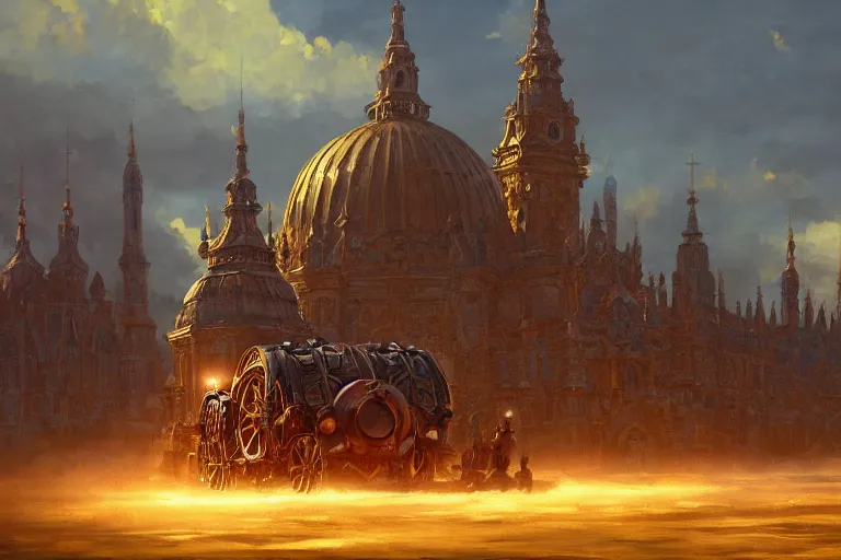 Image similar to an mobile ornate baroque church with chain wheels, mortal engines, scene in an open field. key visual, conceptart, ambient lighting, highly detailed, digital painting, artstation, concept art, sharp focus, by makoto shinkai and akihiko yoshida and greg manchess