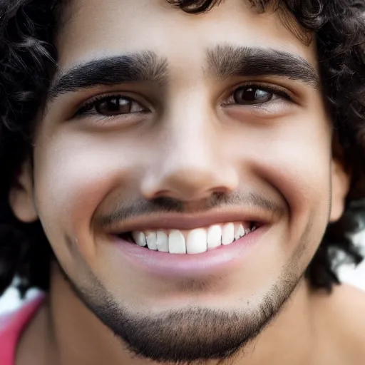 Image similar to close - up portrait photograph of a teenage latino male with big brown eyes, a long italian nose, a big smile, curly medium length black hair, highly detailed, anatomically correct features,