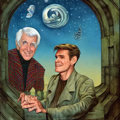 Prompt: Leslie Nielsen and Jim Carrey, artwork by Daniel Merriam,