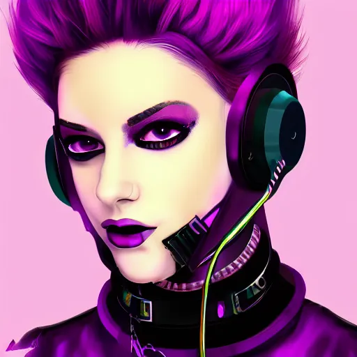 Image similar to a digital artwork of woman wearing technological large steel collar, choker on neck, purple cyberpunk art style, 4K, portrait, punk hairstyle,