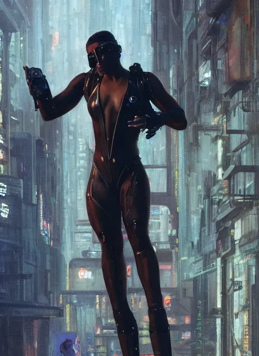 Image similar to buff cyberpunk olympic gymnast with robotic arms wearing a jumpsuit ( blade runner 2 0 4 9, cyberpunk 2 0 7 7 character design ). orientalist portrait by john william waterhouse and james gurney and theodore ralli and nasreddine dinet, oil on canvas. cinematic, hyper realism, realistic proportions, dramatic lighting, high detail 4 k