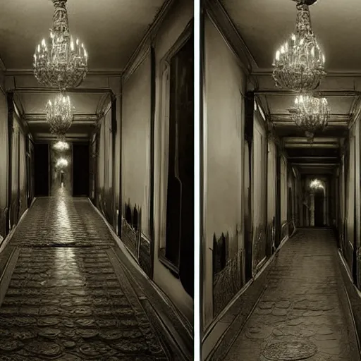 Image similar to a beautiful victorian woman is frightened by her zombie twin in a mirror. she is in a long hallway of mirrors. victorian interior, with many mirrors, twins, elegant design, haunting atmosphere, dark lighting, gothic, horror style, scary, swirling fog, volumetric lighting, by greg rutkowski, realistic, dutch angle, zombies