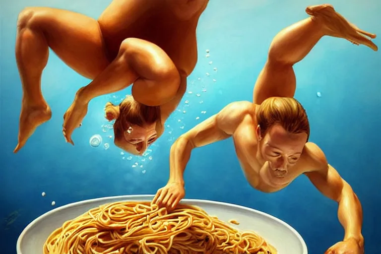 Image similar to olympic diving springoard, diver is diving head down into a dish of pasta, detailed surrealist art, artgerm