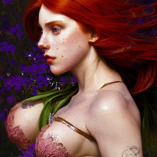 Image similar to close up portrait of a beautiful girl with red hair and freckles, happy intricate, elegant. highly detailed, digital painting, artstation, concept art, smooth, sharp, focus, illustration. background is purple, art by artgerm and greg rutkowski and alphonse mucha,