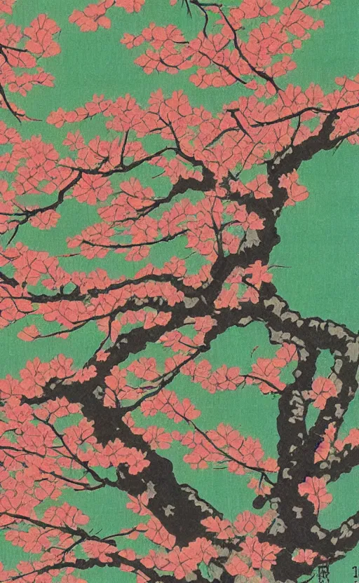 Image similar to by akio watanabe, manga art, colorful maku tend cherry tree, trading card front, kimono, sun in the background