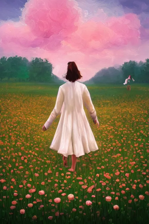 Image similar to giant white flower head, girl walking in a flower field, surreal photography, sunrise, dramatic light, impressionist painting, colorful clouds, digital painting, artstation, simon stalenhag