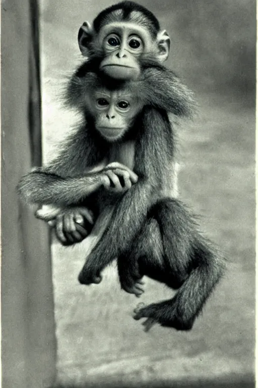 Image similar to horrifying failed soviet experiment, baby monkey hybrid, disturbing, vintage photo