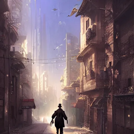 Prompt: a man walking down a street with a dog, a matte painting by stephan martiniere, cgsociety, fantasy art, matte painting, concept art, steampunk