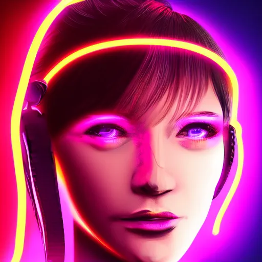 Prompt: digital artwork of woman wearing technological neon collar, cyberpunk art style, 4K, portrait,