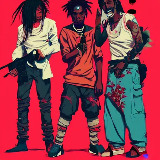 Prompt: Young Thug, Playboi Carti and Lil Uzi Vert, Ninja Scrolls, Gang, Pistol, Blood, red smoke, by Sachin Teng, by artgem, by Loish Trending on artstation