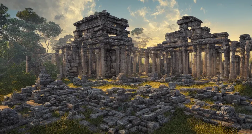 Image similar to Ancient temple ruins, hyperdetailed, artstation, cgsociety, golden hour 8k