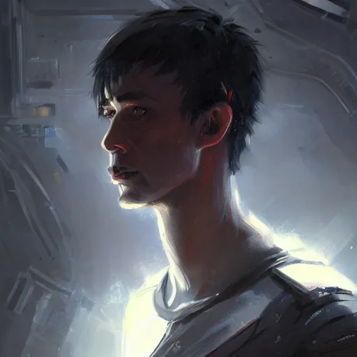 Image similar to portrait of a shocked man by greg rutkowski, he is about 3 0 years old, short black hair with bangs, scared and incredulous, very tall and slender, he is wearing futuristic space gear, highly detailed portrait, digital painting, artstation, concept art, smooth, sharp foccus ilustration, artstation hq