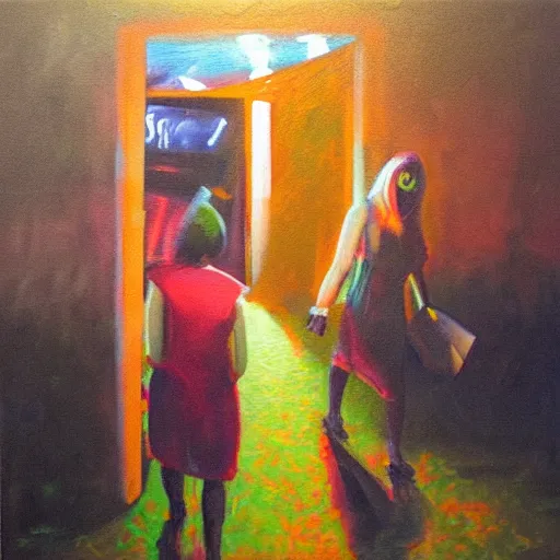 Image similar to Leaving Heaven Nightclub at 5am, oil on canvas