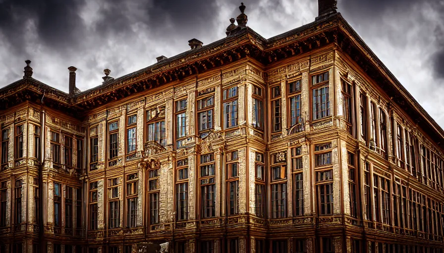 Prompt: portrait of a grand tudor palace exterior, tudor, detailed, deep focus, dramatic lighting, ray tracing, photograph