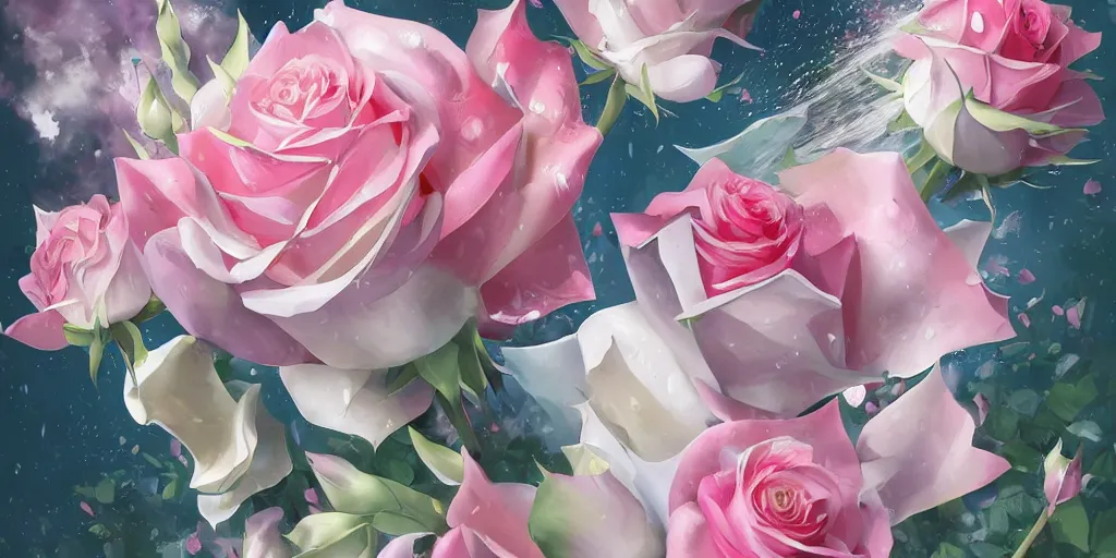 Prompt: magic invisible blade slicing through a bouquet of white and pink roses, flowers exploding and spraying, big puffy clouds, sharp rain, large rose petals, lotus petals, large polygonal background elements, large polygons, dramatic anime, dramatic lighting, artgerm, manga, trending on artstation, art nouveau, mature colors