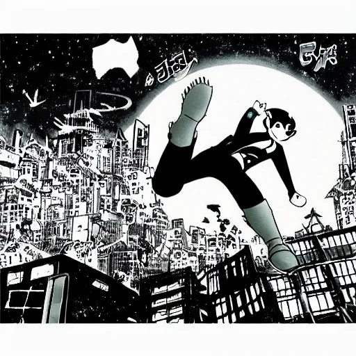 Image similar to “Astro Boy Demon nº625 Manga cover with an illustration of astroboy flying over a big messy luminous city, bird eyes view of the city, full of japanese signs, Ashley wood style, dynamic composition, printed on paper”