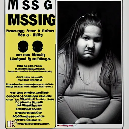 Prompt: missing persons poster for a chubby girl in her late teens with her hair pulled back in a ponytail