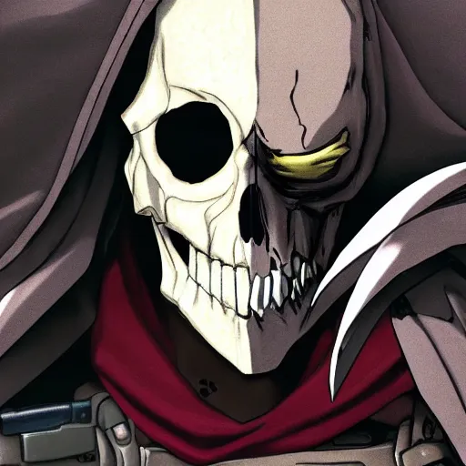 Prompt: a close shot of a grim reaper as gunsliger man in trigun series, skull face, movie shot, anime, hightly detailed, rescalated 4 k, detailed