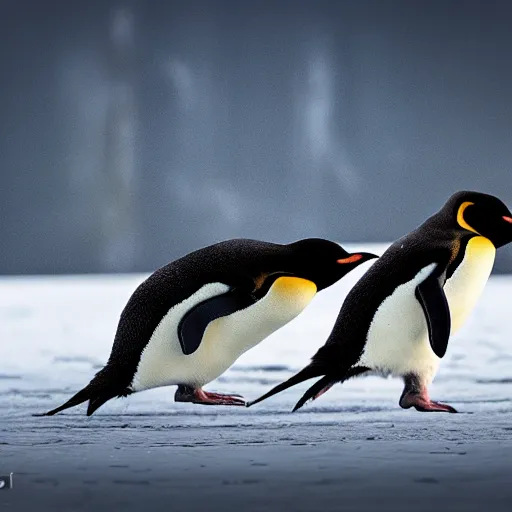 Prompt: penguins being chased by lightening while running on ice, wildlife photography, highly detailed, high quality, 8 k, soft lighting,