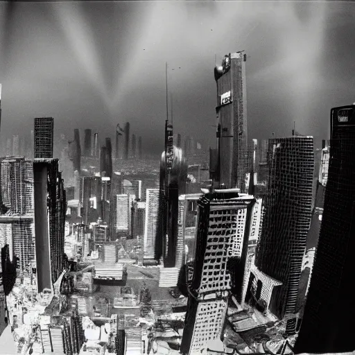 Prompt: go pro camera photo of a cyberpunk dystopian city with sunshaft and dramatic lighting, Fuji Neopan Acros 100 Film