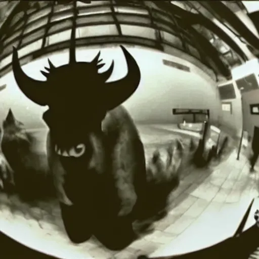 Prompt: cctv fisheye footage of a horned demon staring at the camera