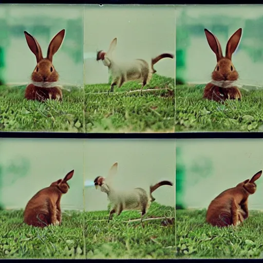 Image similar to a rabbit sitting then jumping up over a fence, film strip reel showing multiple frames