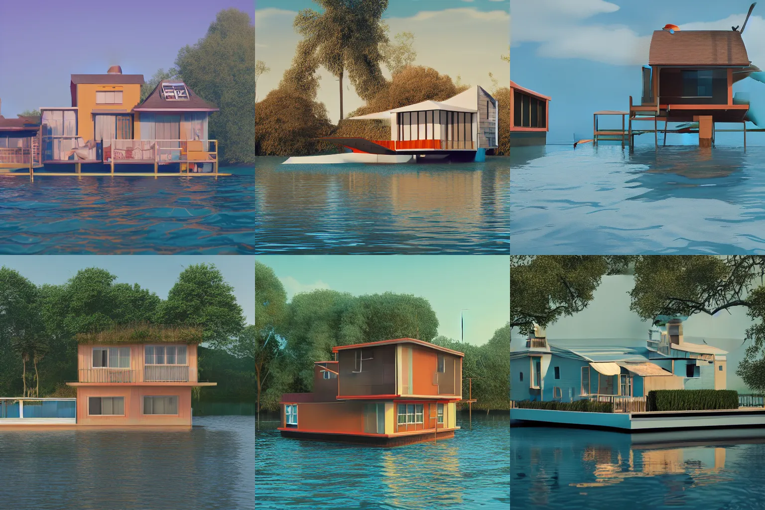 Prompt: house floating on water, designed by wes anderson, painting in syd mead style, octane render, 8k, cinematic”