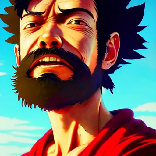 Image similar to highly detailed portrait luffy in gta v, stephen bliss, unreal engine, fantasy art by greg rutkowski, loish, rhads, ferdinand knab, makoto shinkai and lois van baarle, ilya kuvshinov, rossdraws, tom bagshaw, global illumination, radiant light, detailed and intricate environment