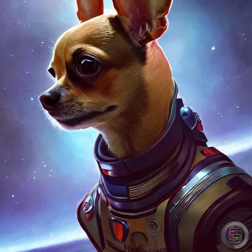 Image similar to A chihuahua as a space captain, intricate suit, cinematic lighting, highly detailed, digital painting, artstation, concept art, smooth, sharp focus, illustration, art by Artgerm and Greg Rutkowski