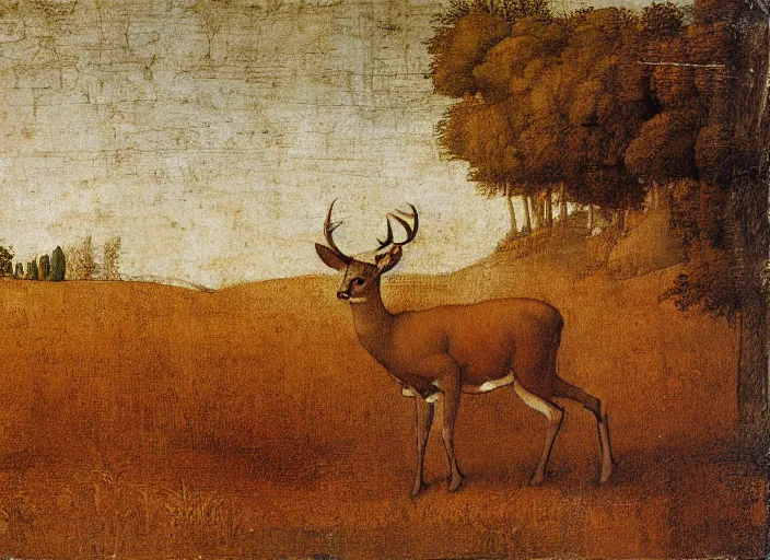 Image similar to A painting in the style Leonardo Da Vinci of a deer standing in a wheat field surrounded by a forest