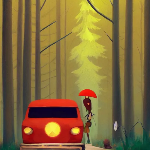 Image similar to goro fujita ilustration a hippie van traveling through the canada forest, painting by goro fujita, sharp focus, highly detailed, artstation