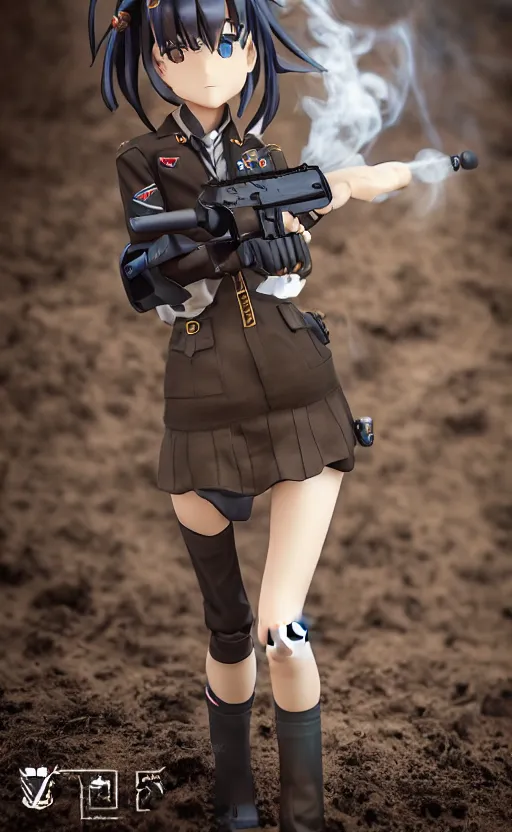 Image similar to toy, school uniform, portrait of the action figure of a girl, girls frontline style, anime figure, dirt and smoke background, flight squadron insignia, realistic military gear, 70mm lens, round elements, photo taken by professional photographer, character design by shibafu, trending on facebook, symbology, anime human anatomy, 4k resolution, matte, empty hands, realistic military carrier, forest