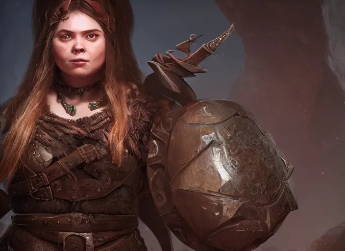 Image similar to Beautiful art portrait of a female dwarf warrior in a dark mystical dark dungeon setting, unreal 5, DAZ, hyperrealistic, octane render, dungeons and dragons, dynamic lighting