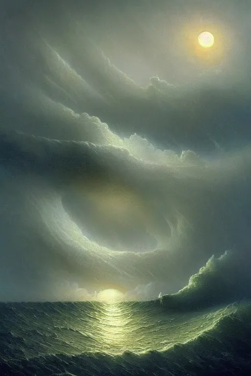 Image similar to A stunning detailed Shoggoth by Vladimir Kush and Ivan Aivazovsky, , stormy ocean, beautiful lighting, full moon, detailed swirling water tornado, artstation