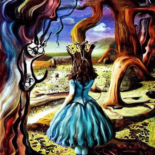 Image similar to Alice in Wonderland, painted by Salvador Dali, realistic painting, masterful painting