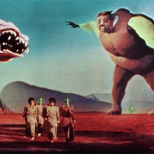 Prompt: Pulgasari the North Korean monster, volumetric lighting, filmstill, produced by Kim Jong-il, Kodachrome, kaiju-eiga, monster movie