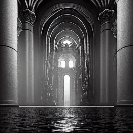 Image similar to hyperrealism hyperdetail. submerged cathedral of dagon beneath the ocean floor. photography by ansel adams. ominous light emits from deep inside the temple.