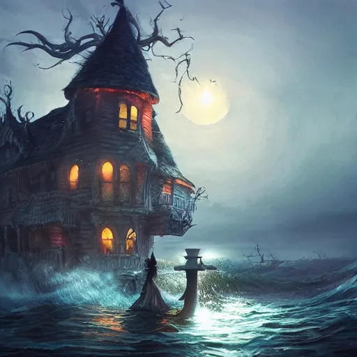 Image similar to realistic scary witches in front of a candy witch house, floating on the ocean, epic scene, fantasy, cinematic, hyper - detailed, in the style of greg rutkowski