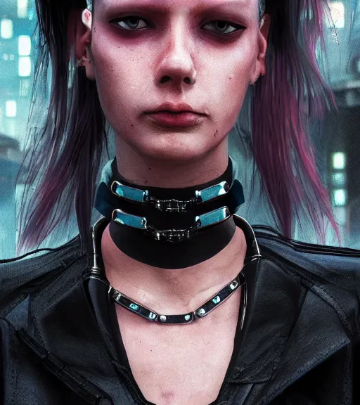 Image similar to detailed realistic female character cyberpunk wearing thick steel collar around neck, realistic, art, beautiful, 4K, collar, choker, collar around neck, punk, artstation, detailed, female, woman, choker, cyberpunk, neon, punk, collar, choker, collar around neck, thick collar, tight around neck, punk, choker, hyperrealistic, realistic, female, punk female,