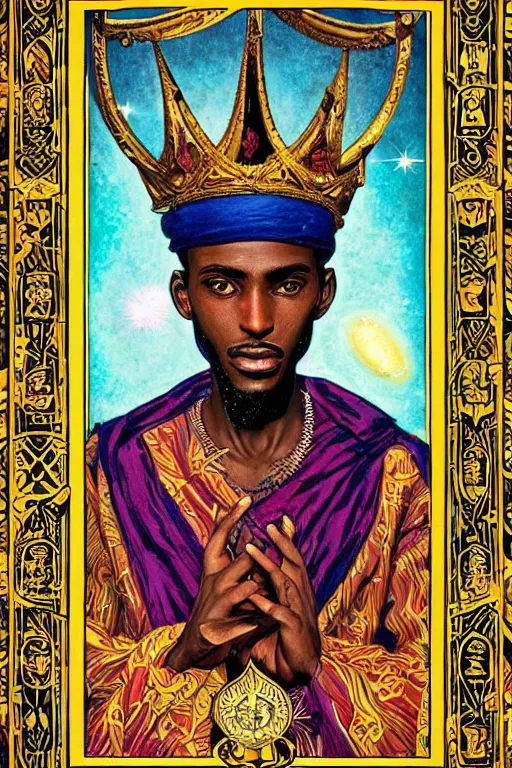 Image similar to beautiful and refined engraved tarot card featuring an ornate, realistic, and regal high key studio anaglyph portrait of an attractive young sudanese king with a crown of flower petals in front of a brilliant nebula by Eric Lafforgue, by Suicide Girls, by Dan Mumford, by Jim Fitzpatrick, featured on deviant art, trending on artstation